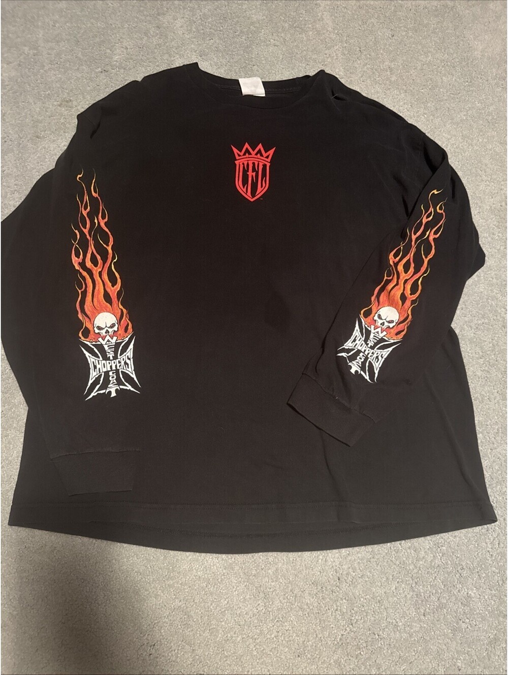VTG 2004 West Coast Choppers CFL Black Fire Flame Skull LS Shirt Size XXL